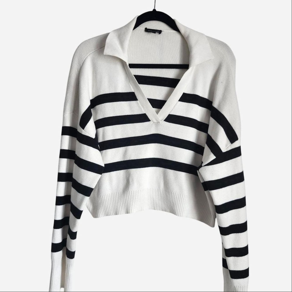 Dynamite Black and White Striped V-Neck Polo Sweater